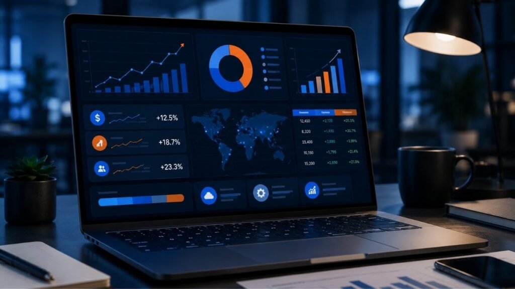 SaaS cost savings dashboard showing ROI metrics and revenue growth for small businesses
