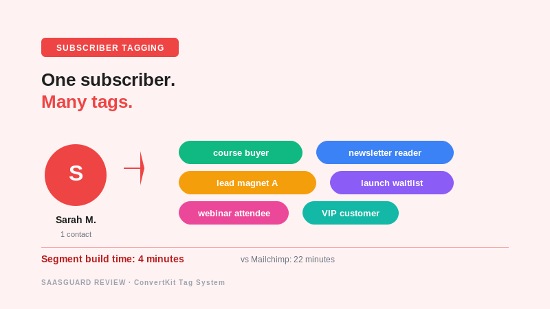 convertkit-01-tags.png Alt: ConvertKit subscriber tagging system one contact multiple tags
