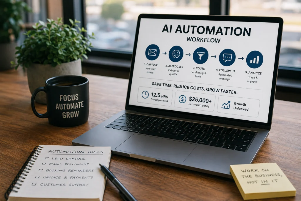 How-to-automate-your-small-business-with-AI How to use AI automation for small business workflow diagram