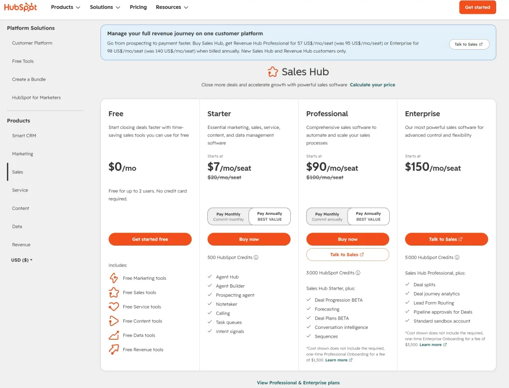 HubSpot Sales Hub | Free plan + premium trial | No | From $7/seat/mo