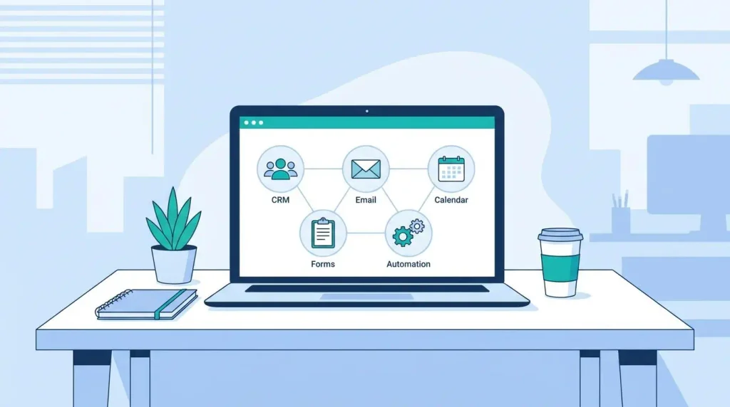 SaaS software examples for small businesses including CRM, email, invoicing, project management, and design tools.