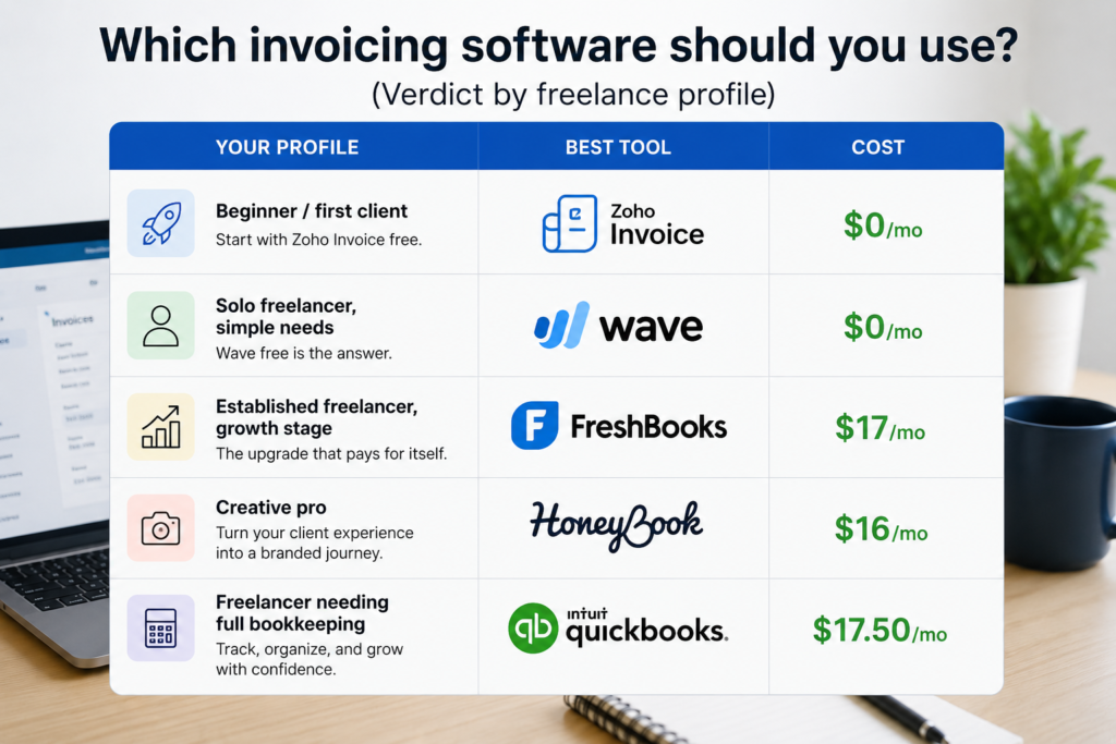 Invoicing software comparison: Zoho Invoice, Wave, FreshBooks, HoneyBook, QuickBooks with pricing and recommended user profiles.