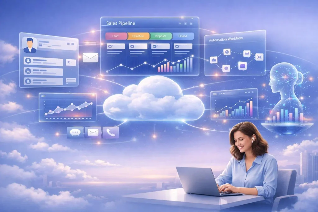 What is SaaS software illustrated with cloud-based CRM, email marketing, invoicing, analytics, and project management tools