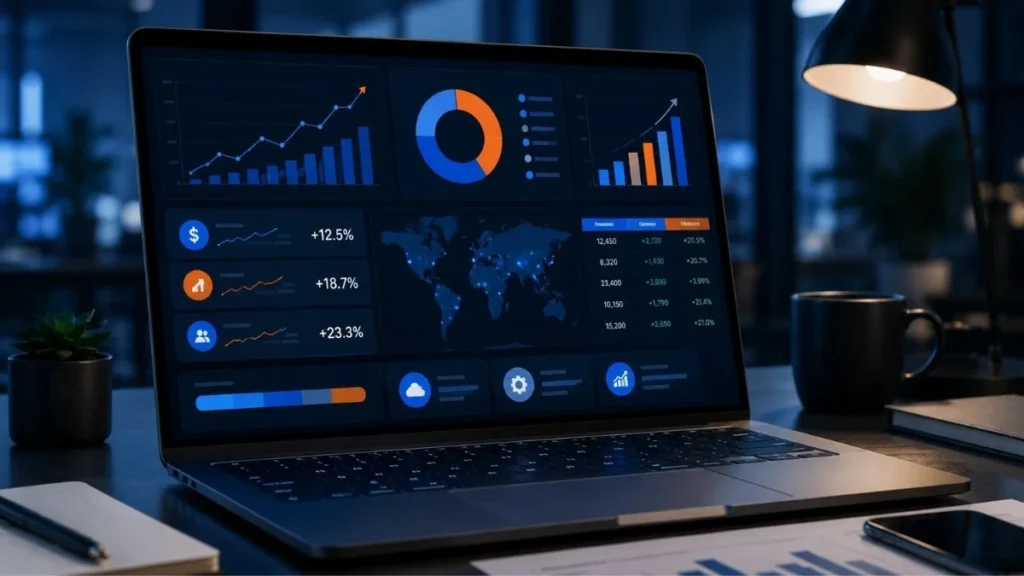 Cloud-based SaaS software SaaS software helping a small business track costs and ROI on a dashboard