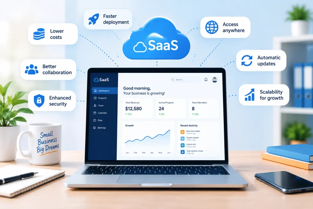 Top 10 benefits Key benefits of SaaS for small businesses including lower costs, faster deployment, and scalability