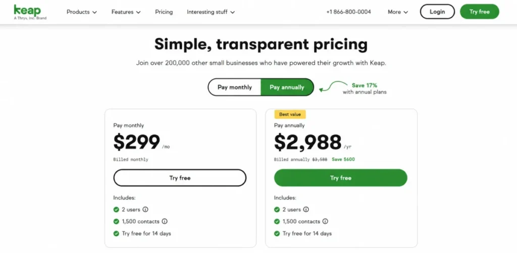 Keap pricing 2026 Keap pricing 2026 showing $299 monthly and $2,988 annual plans