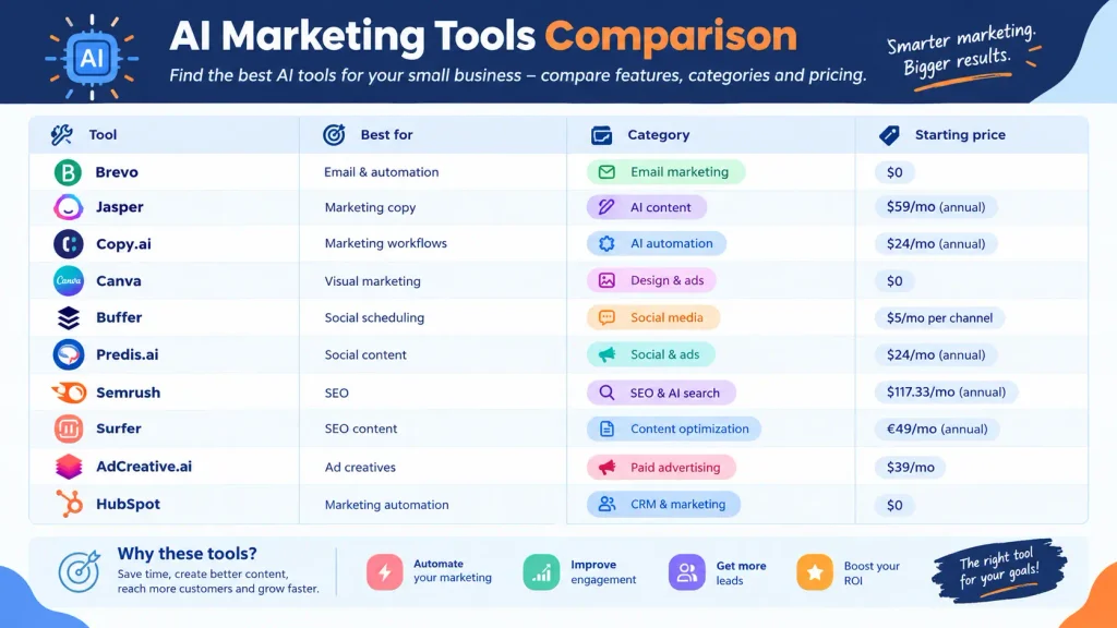 comparison graphic summarizing the 10 tools AI marketing software comparison chart for small business