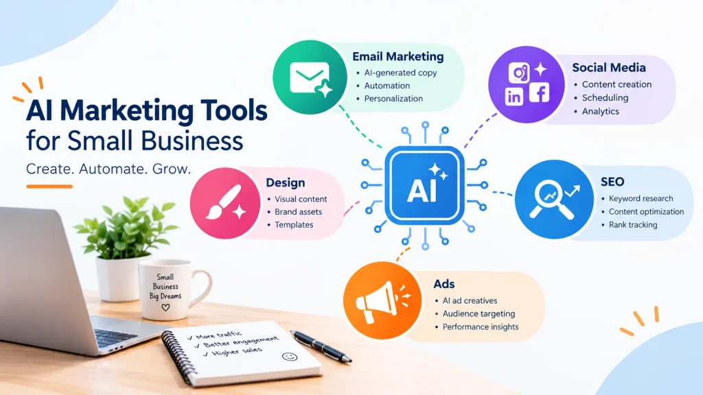 diagram of AI marketing categories AI marketing tools for small business across email, social, SEO and design