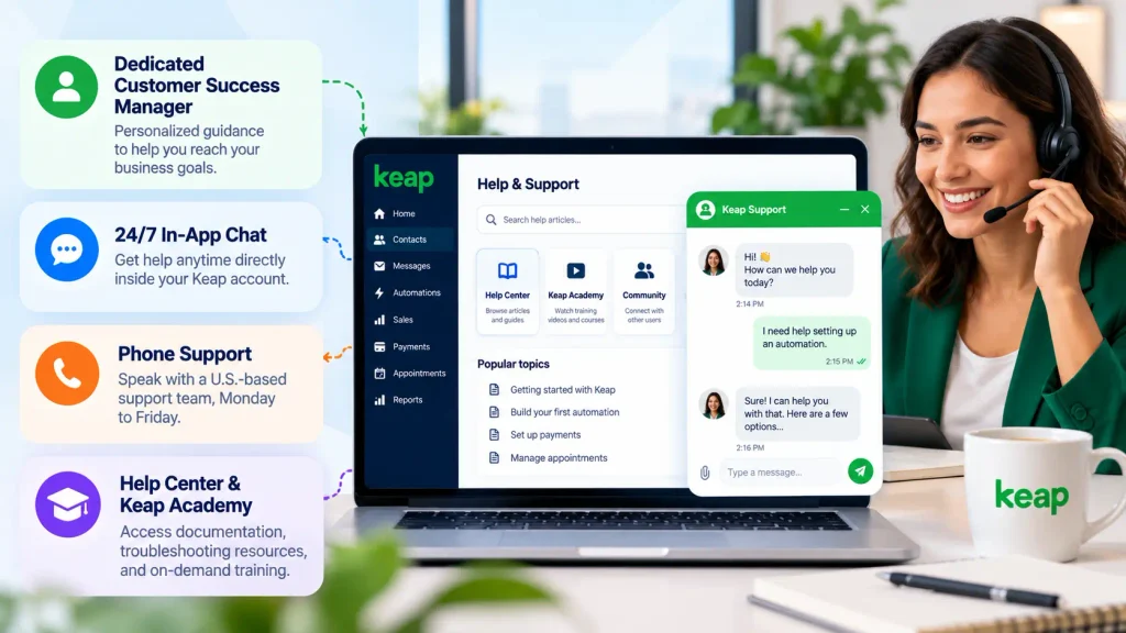 Keap customer support Keap customer support with 24/7 chat, phone support, and Customer Success Manager
