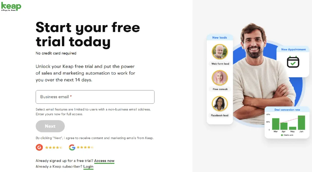 Keap free trial Keap free trial signup page showing the 14-day trial and no-credit-card requirement
