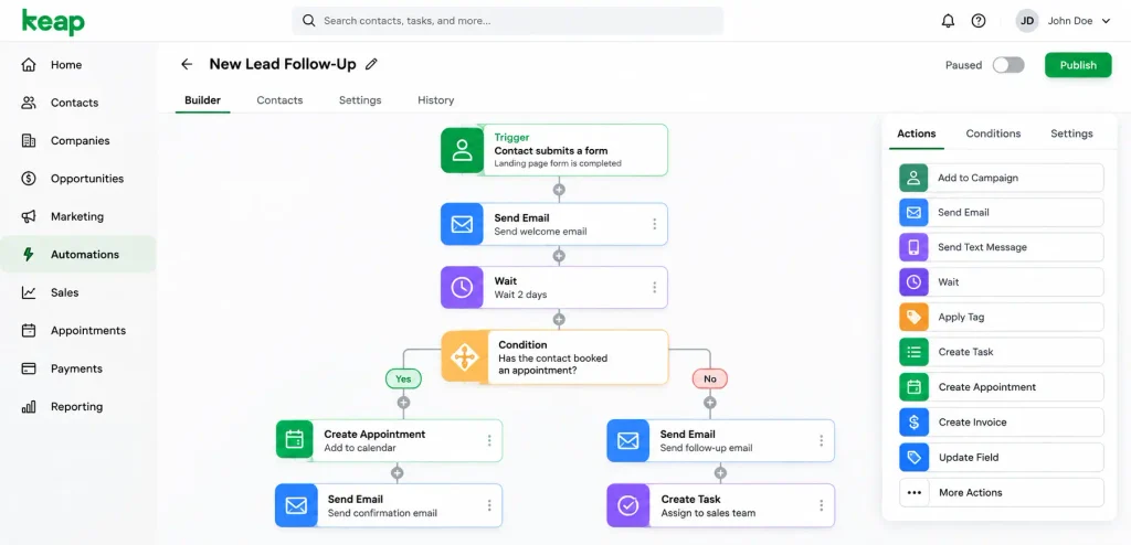 Keap marketing automation workflow Keap marketing automation workflow builder with triggers, conditions, and actions