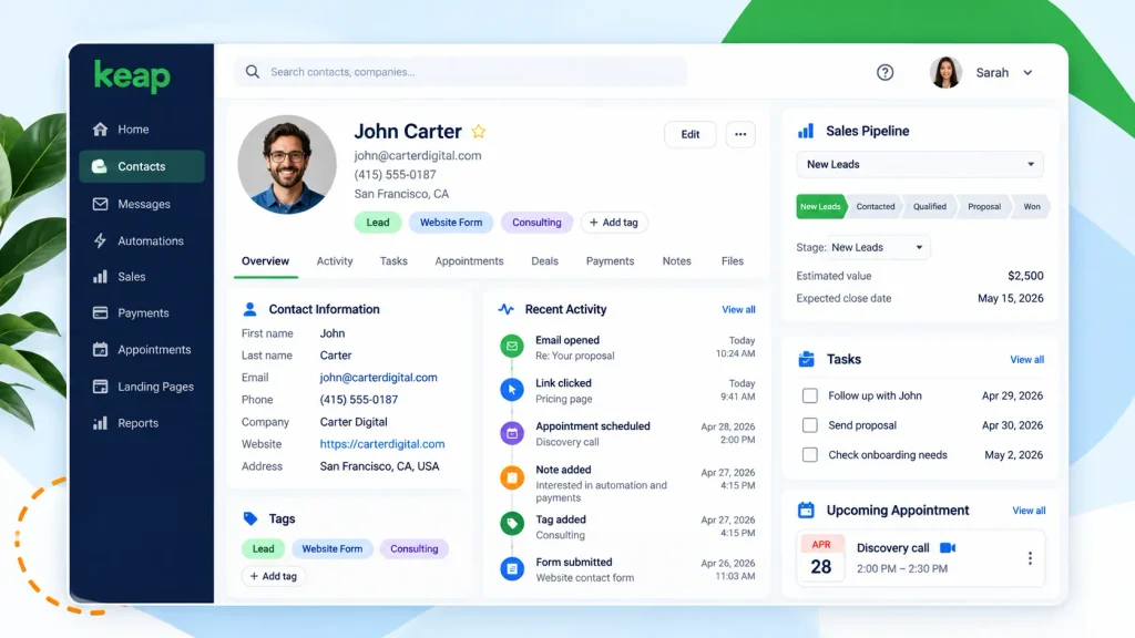 contact record CRM dashboard Keap CRM contact management dashboard with customer activity and sales information