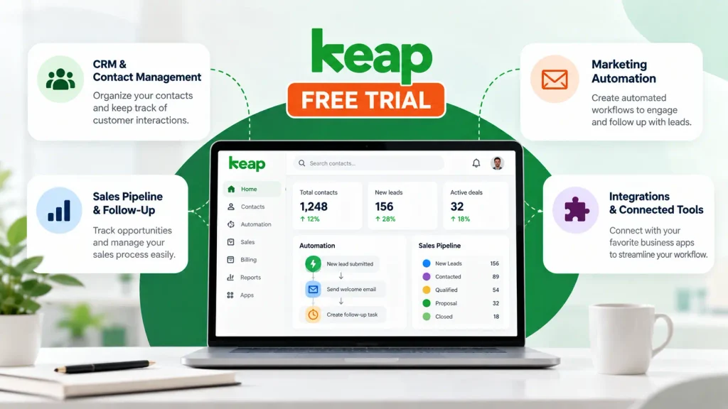 keap free trial features Keap free trial dashboard showing CRM, marketing automation, sales pipeline, and integrations.