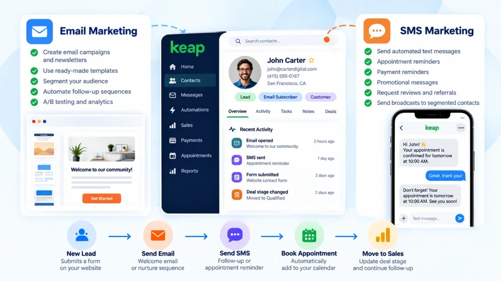 split-screen Email + SMS Keap email and SMS marketing automation connected to CRM